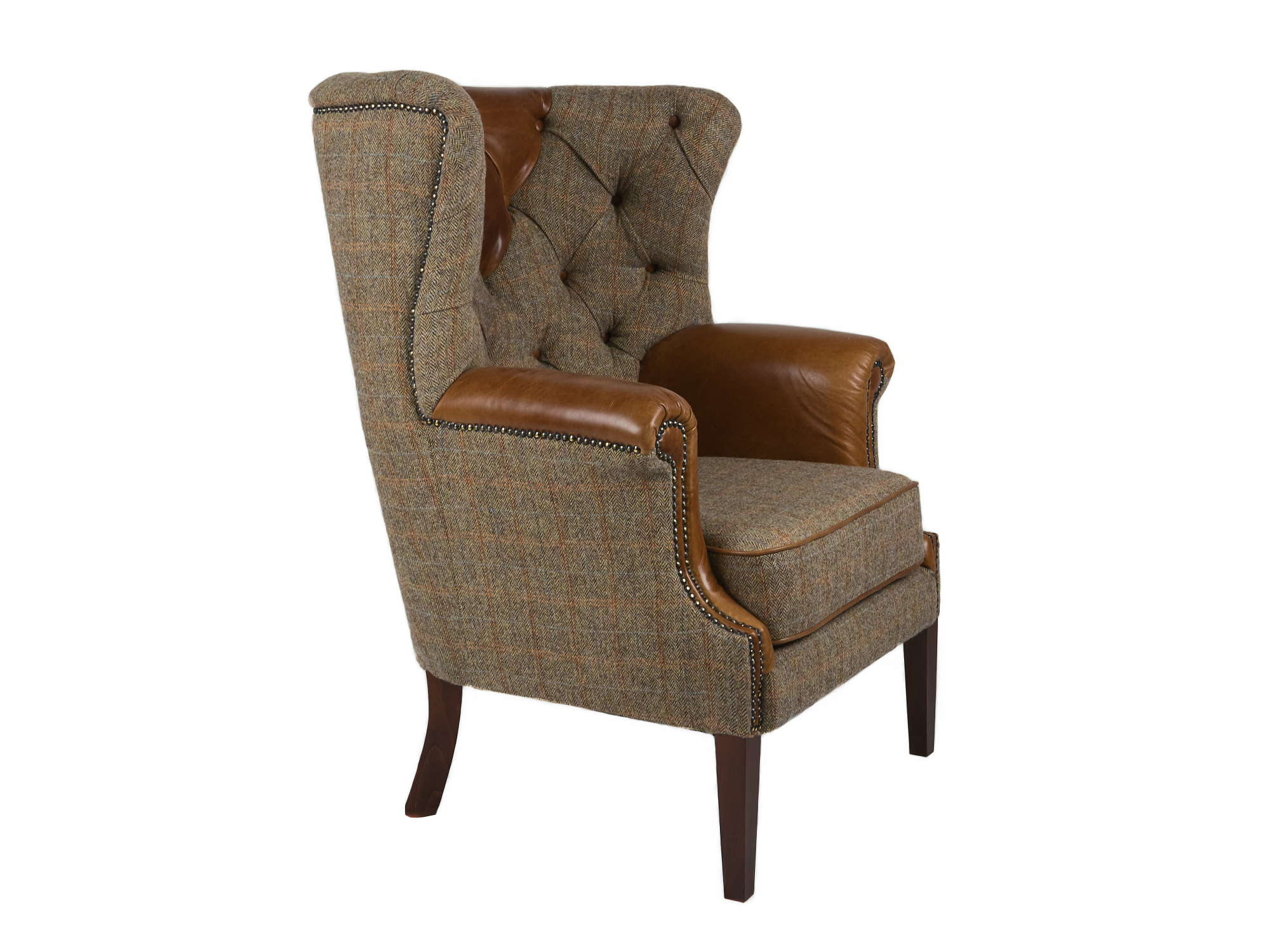 Gamekeeper Thorn Harris Tweed and Brown Cerato Leather Kensington Armchair